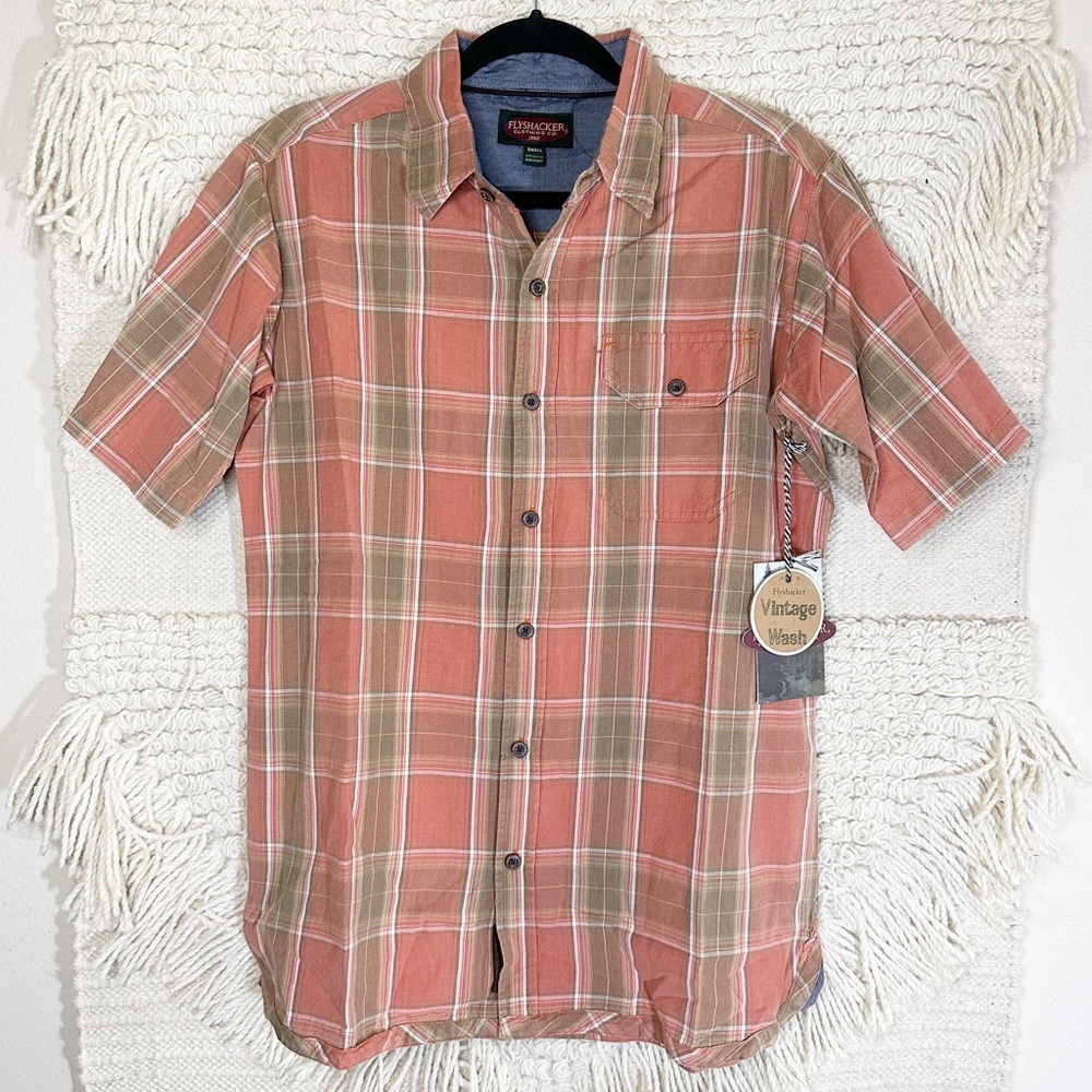 FLYSHACKER men's orange plaid vintage wash short sleeve button up shirt S NEW
